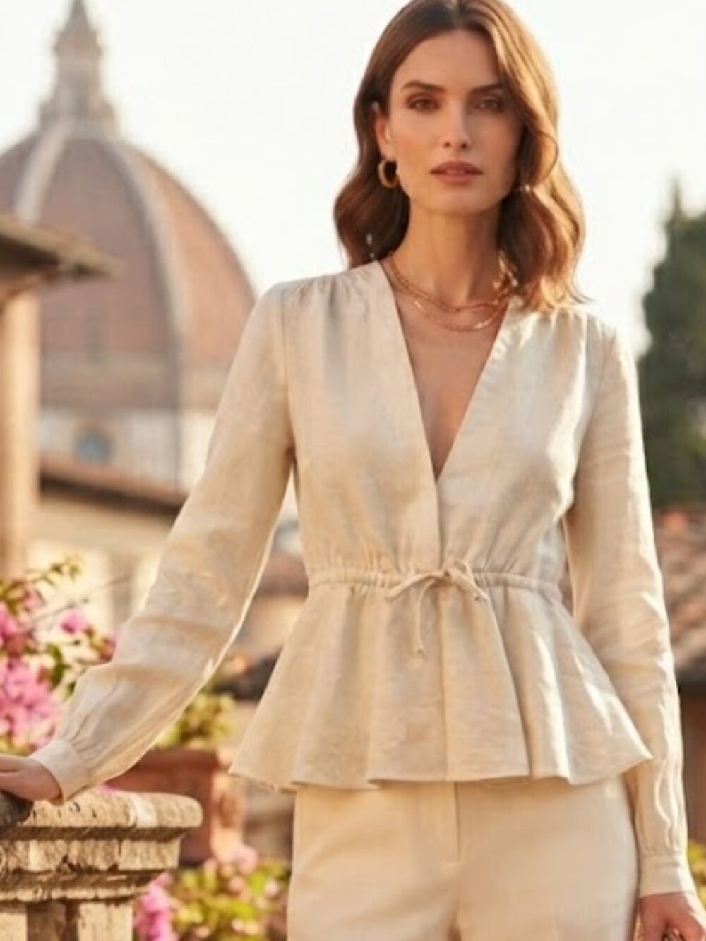 Matthew Bruch Cream Peplum Tie-Front Linen Blouse